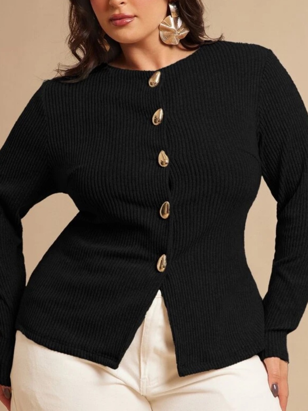 Black Ribbed Button-Front Sweater - Picture 5 of 7
